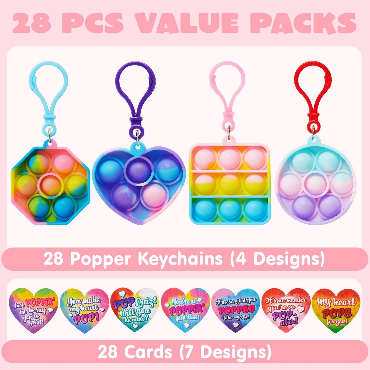 Joyfy 28 Packs Valentines Cards with Pop Bubble Key Chains Fidget Toys Valentines Exchange Pack for Kids Valentines School Classroom Favors