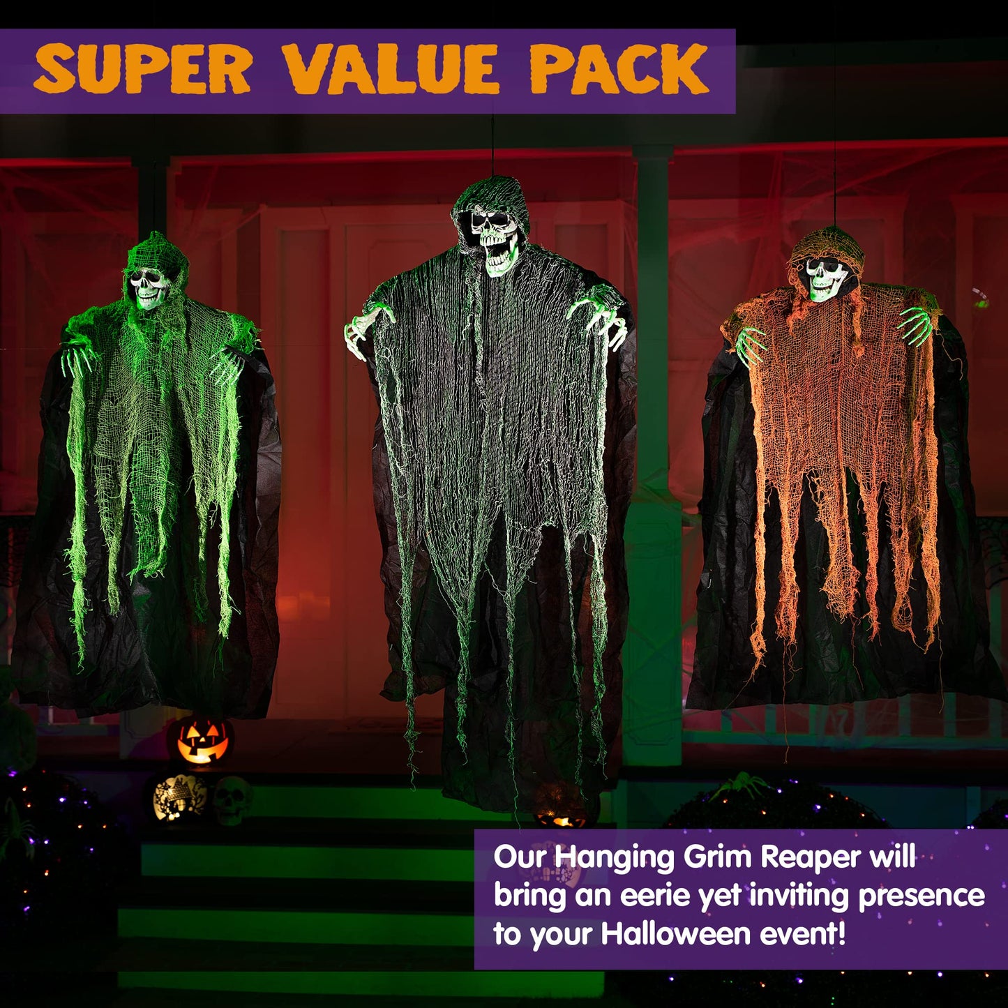 JOYIN 3 Pack Halloween Hanging Grim Reapers,One 47” and Two 35” Halloween Grim Reapers,Halloween Skeleton Flying Ghost for Haunted House Prop Decor,Halloween Outdoor Indoor Decor