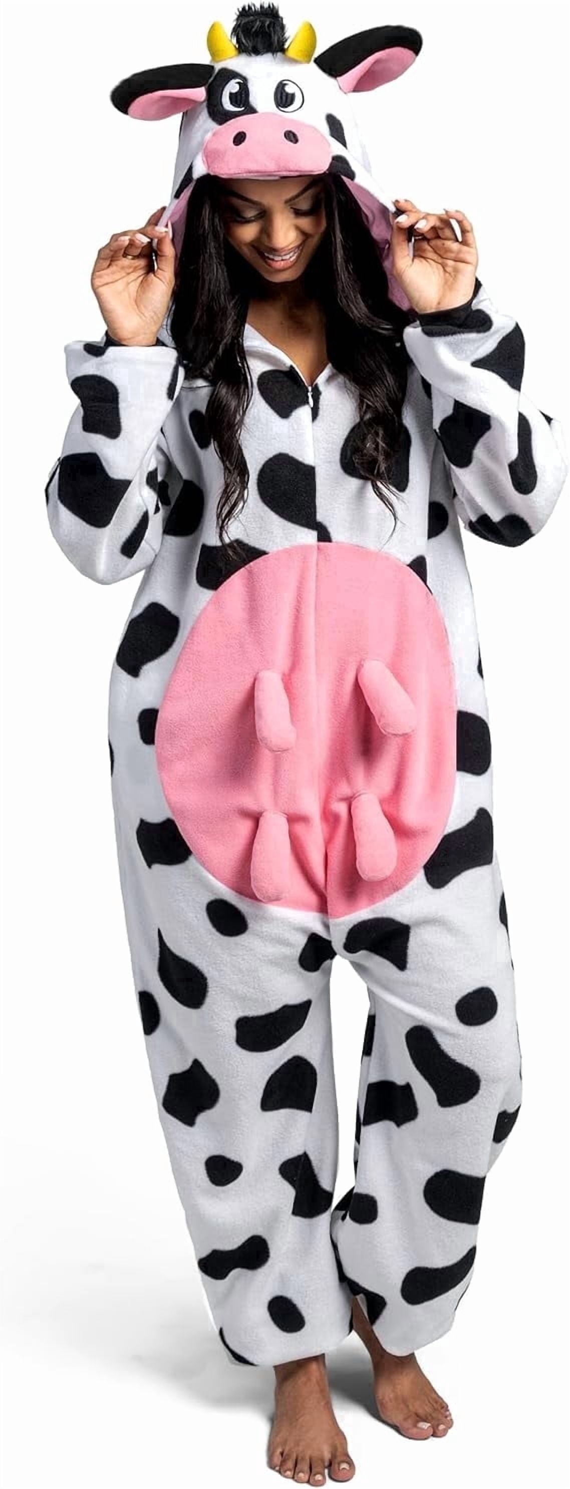 Joyfy Cow Pajamas, Realistic Plush Cow Costume, Jumpsuit Outfit Hooded, Halloween Costume Sleepwear for Halloween Cosplay Animal Themed Parties Medium
