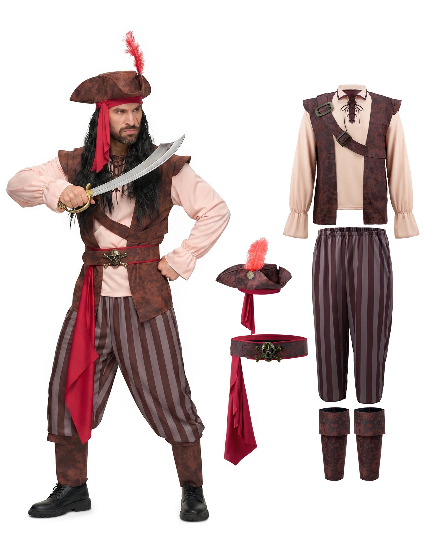 Joyfy Men's Caribbean Pirate Costume, Adult Male Pirate Captain Costume Fancy Dress Outfit for Halloween Themed Parties Cosplay