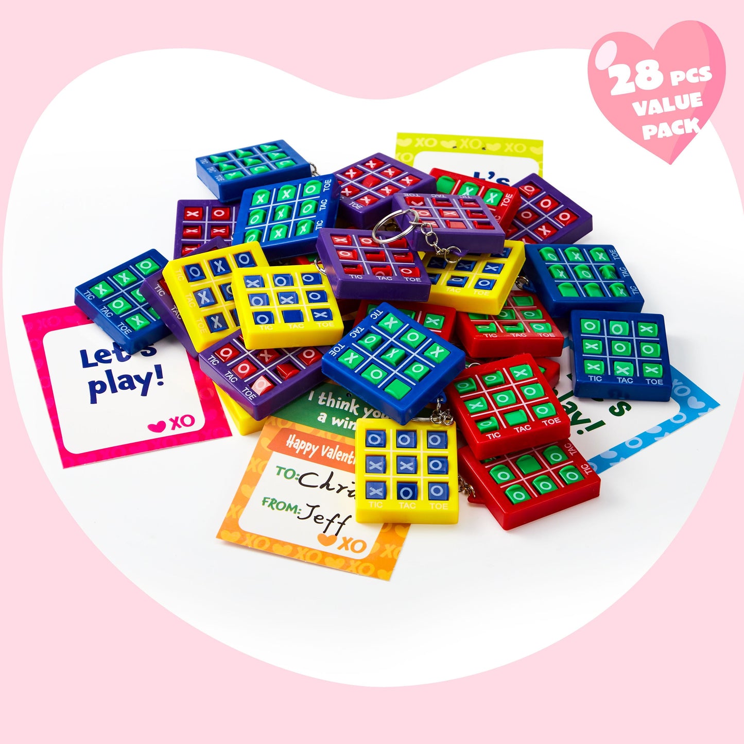 28 Packs Valentine's Day Cards with Tic-Tac-Toe Keychain, Valentines Days Keychain Set for Kids Party Favor, Classroom Exchange Prizes, Valentine’s Greeting Cards