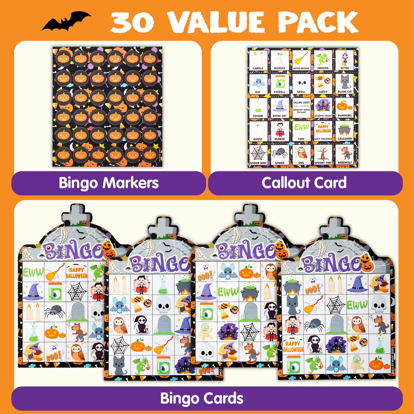 Joyfy 28 Players Halloween Bingo Game Cards for Kids,Halloween Bingo Fun Party Games Classroom Games Activities Party Supplies