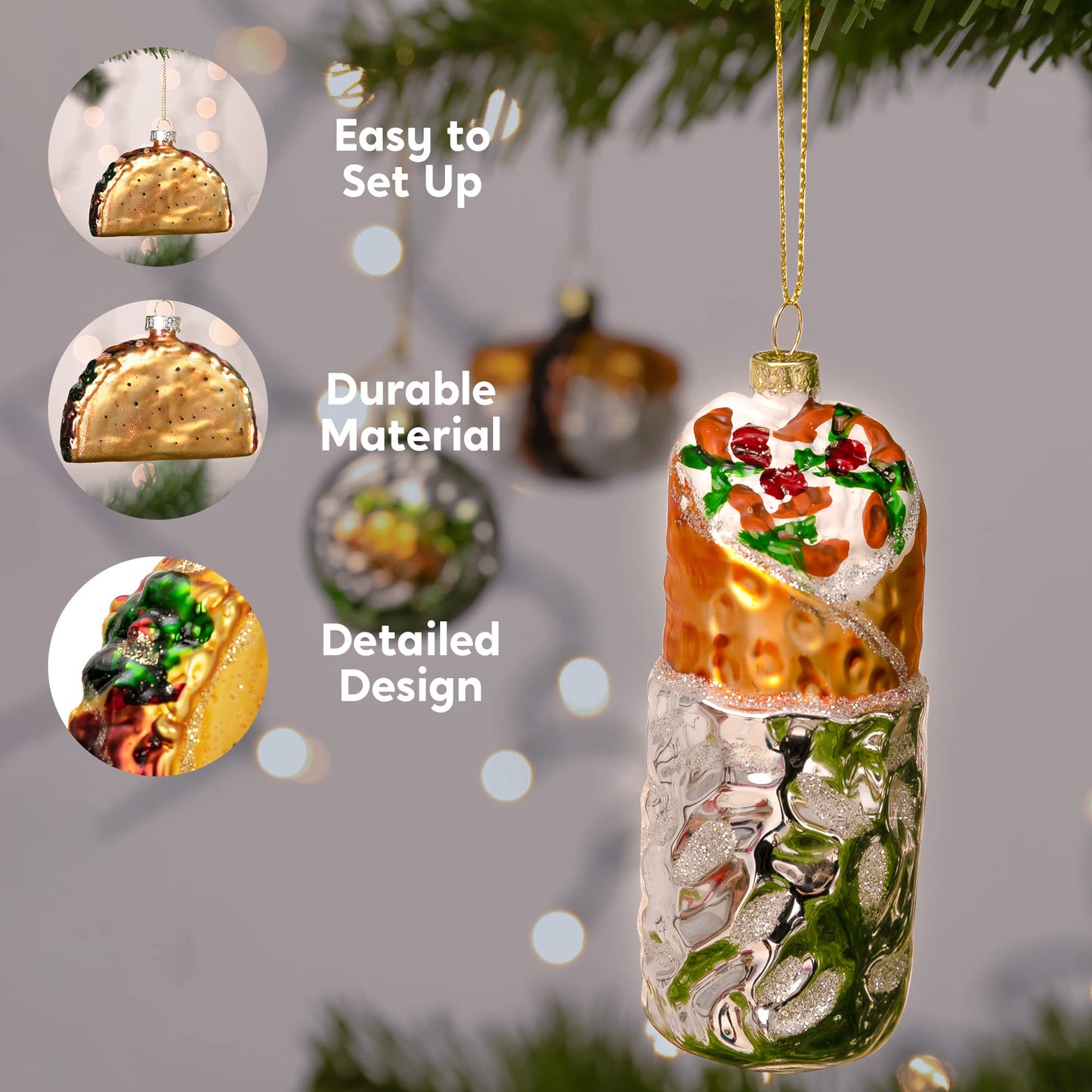 SYNCFUN Christmas Glass Blown Ornament Taco and Burrito Set Handcrafted Hanging Christmas Tree Decoration for Xmas Gift Holiday Party Favor Indoor Decoration
