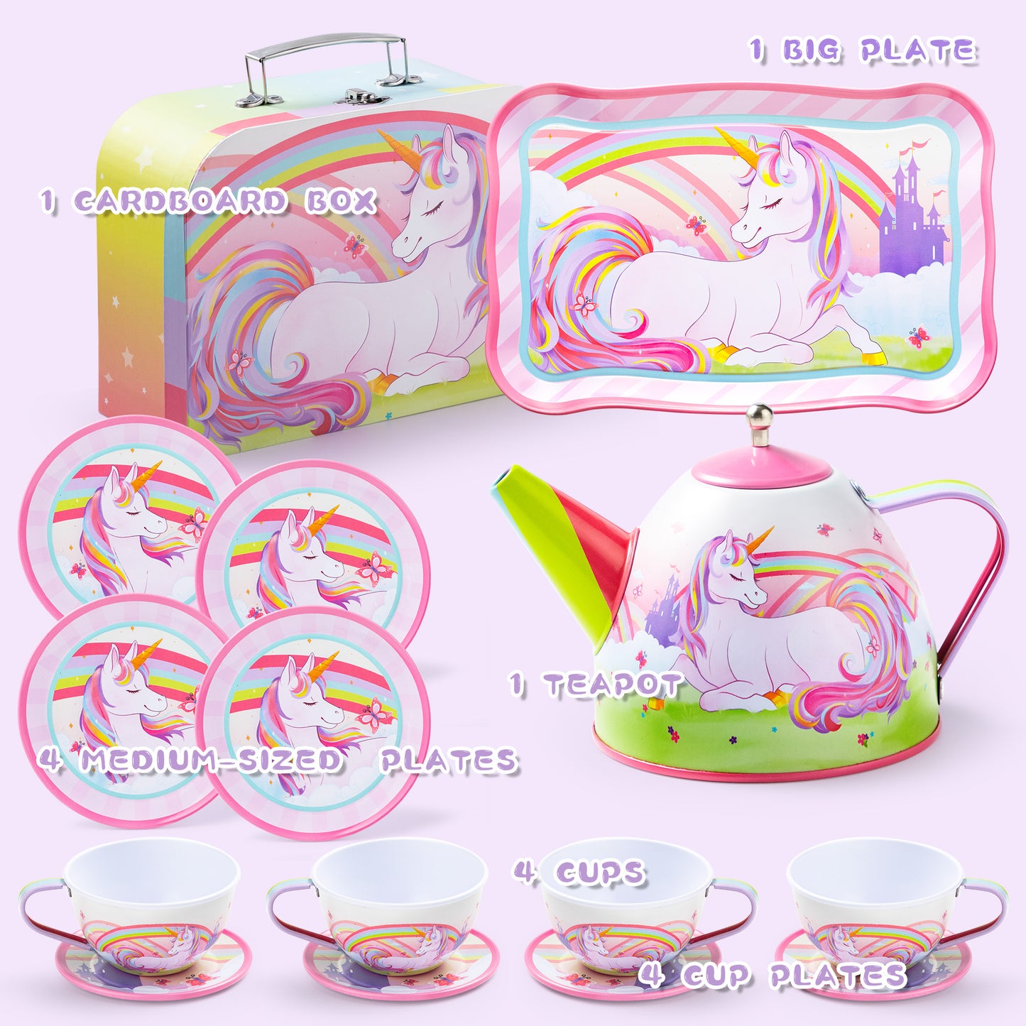 SYNCFUN Kid Tea Set, Unicorn Tea Party Set for Girls, Princess Pretend Play Tin Teapot Set Kitchen Toy for Kids Toddlers 2 3 4 5 6 Years Old, Pink
