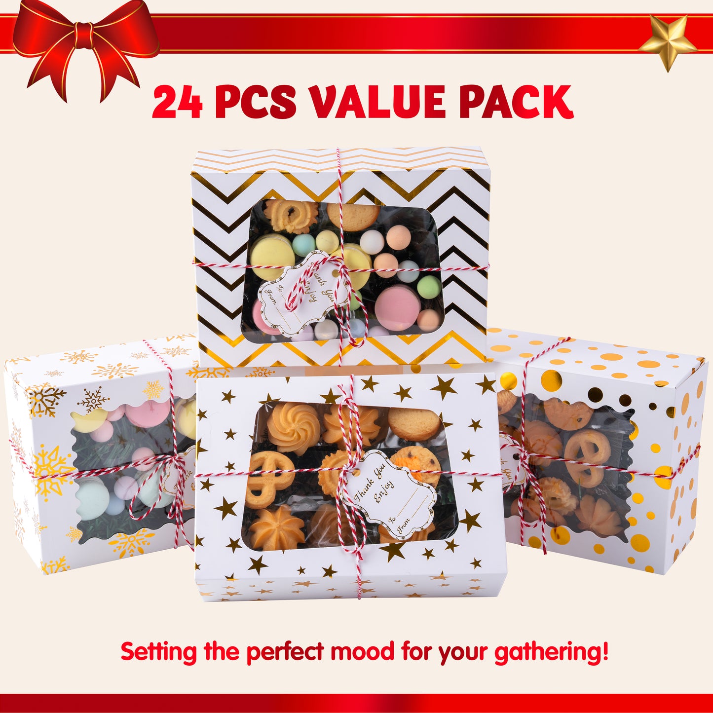 Joyfy 24 Pcs Christmas Cookie Boxes, Gold Foil Treat Boxes with Windows 9" x 6.2" x 3" Bakery Gift Wrapping Box for Xmas Holiday Party Favor Pastries, Cupcakes, Cookies, Donuts Gift-Giving