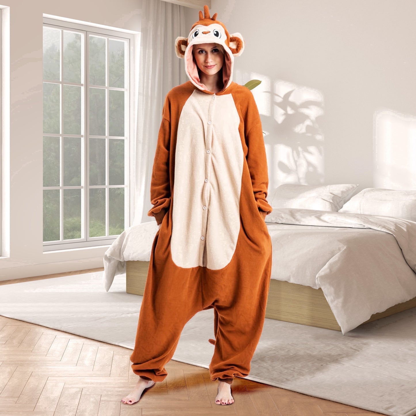 Joyfy Adult Pajamas Plush Jumpsuit One Piece Monkey Animal Costume for Halloween Animal Themed Party Dress Up Role Playing Cosplay