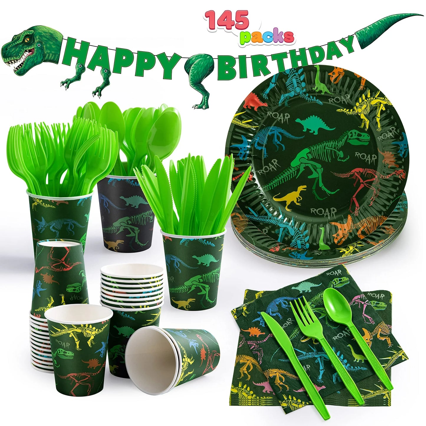 Syncfun 145 Pcs Dinosaur Birthday Party Supplies with Trex Banner, 24 Serves Disposable Tableware Set for Dinosaur Themes Party Kids 2 3 4 5 6 7 8 Years