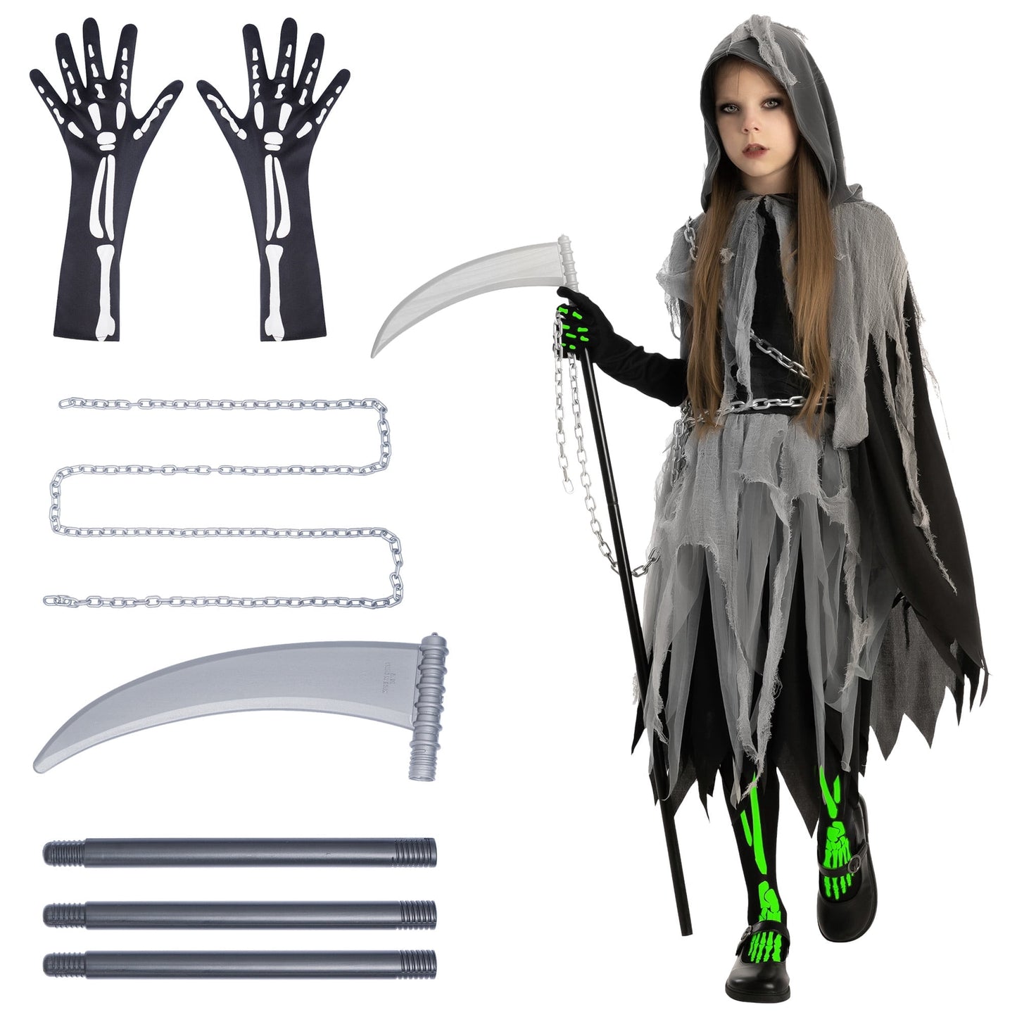 Joyfy Grim Reaper Costume for Kids, Glow in the Dark Grim Reaper Costumes with Gloves and Tights Scary Halloween Costume for Girls & Toddlers Age Up to 14 Years