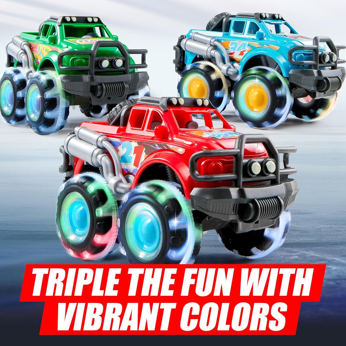 Joyfy 3PCS Monster Friction-Powered Truck Toy, Friction Powered Toy Truck with Flashing LED Wheel, Best Birthday Gift for Boys Girls