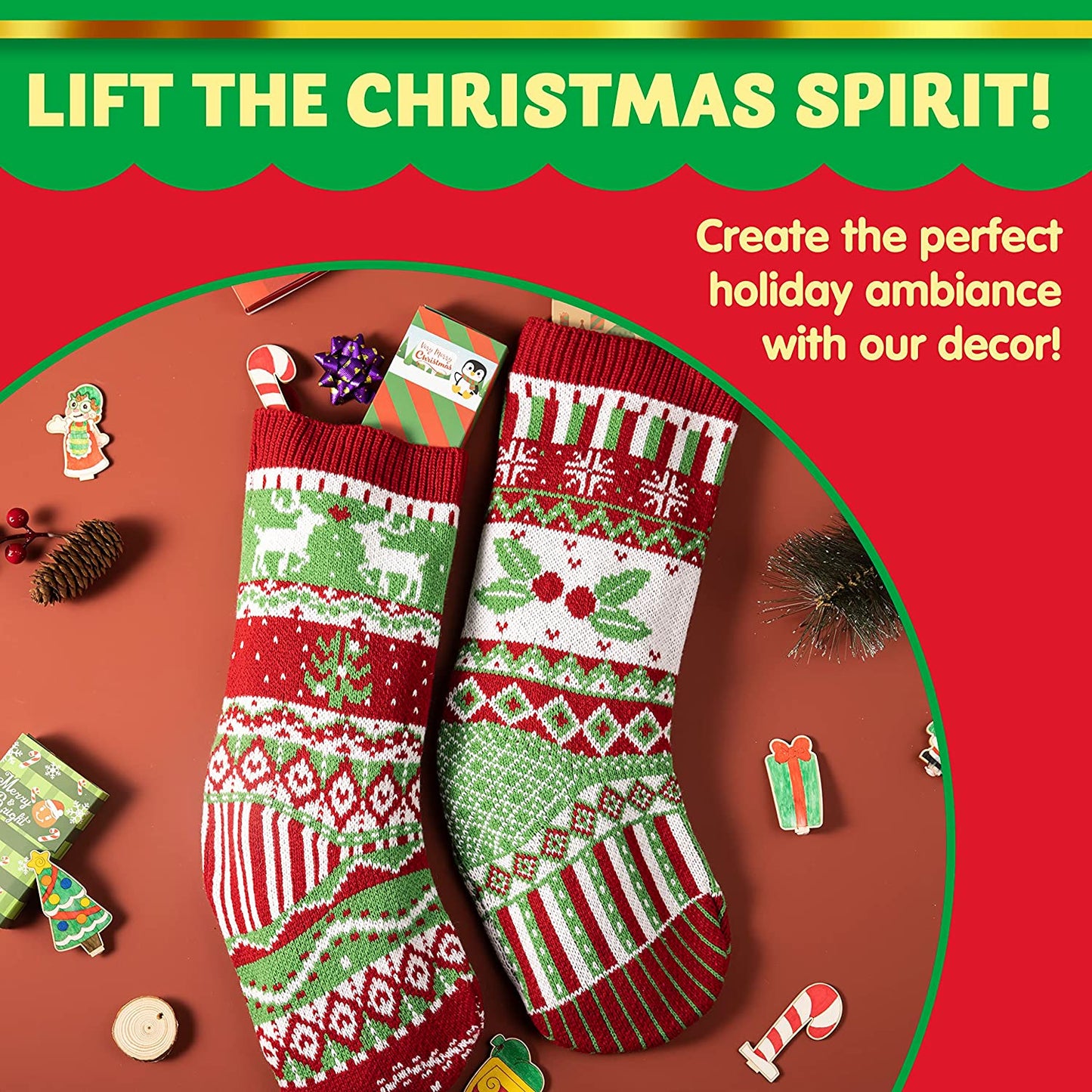 Joyfy 3 Pcs 18" Knit Christmas Stockings, Large Rustic Cable Knit Xmas Stocking in Red & Green for Family Holiday Season Decorations