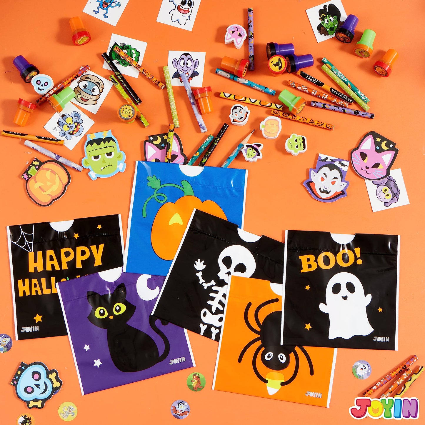 SYNCFUN 168 Packs Halloween Stationery Party Favors,Halloween Gifts for Kids,Halloween Goodies Including Halloween Trick or Treat Bags,Notepads,Stamps,Pencils,Stickers and Tattoos