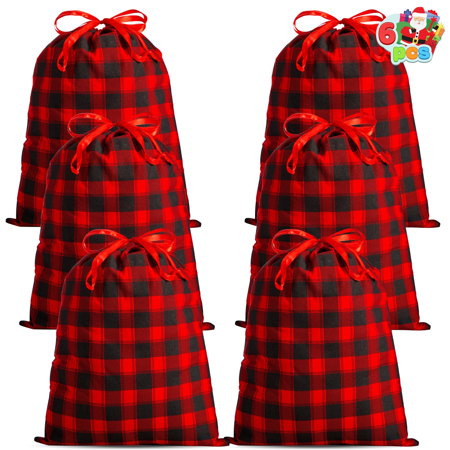 Joyfy 6 Pcs Christmas Fabric Drawstring Gift Bags 19" x 14.5" Reusable Christmas Sacks Buffalo Plaid Pouches Gift Wrapping Bag Set for Xmas Holiday Presents Décor, Giant Gifts Decorations