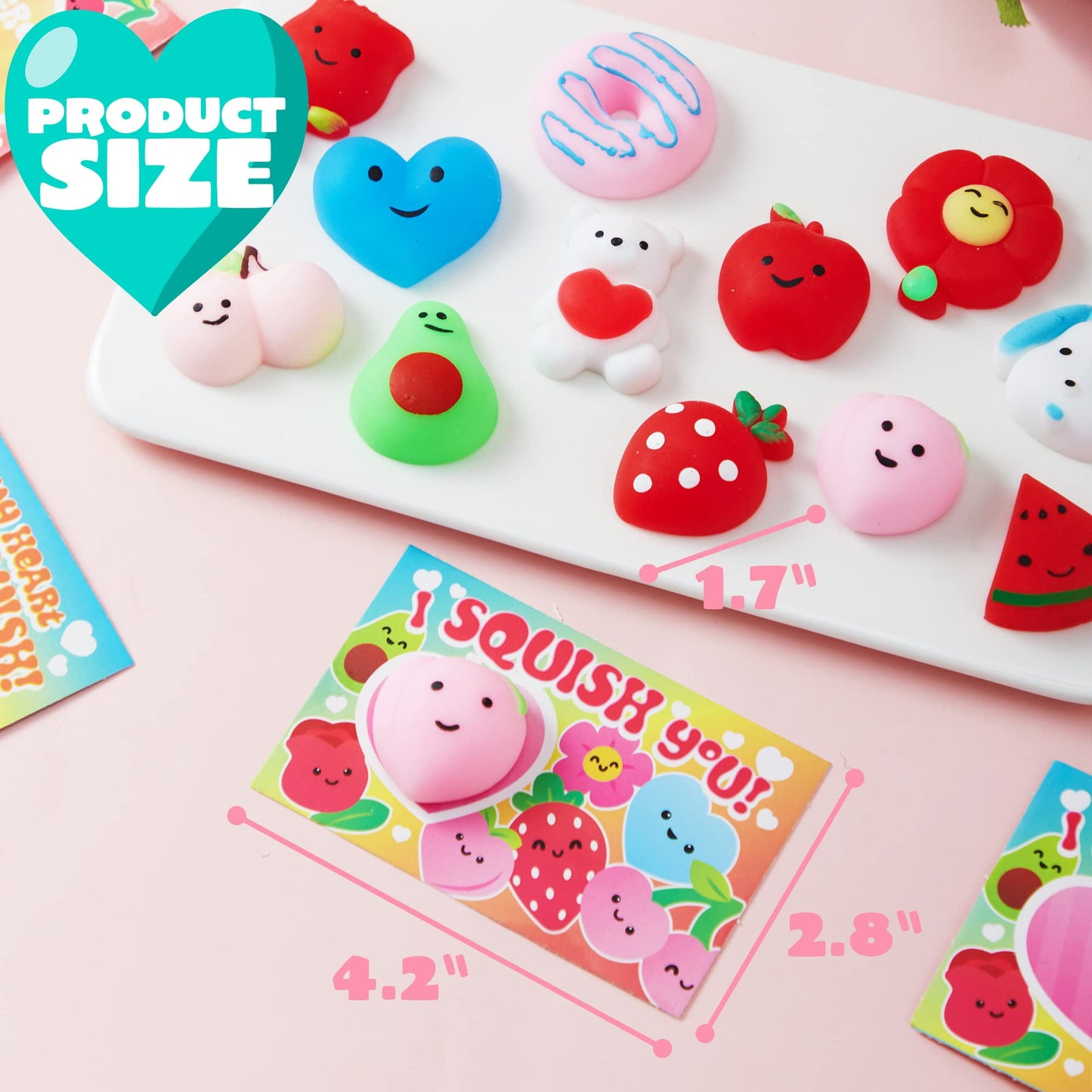 28 Packs Valentines Day Gift Cards with Mochi Squishy Toys, Stress Relief Fidget Toys for Kids Valentine Classroom Favors