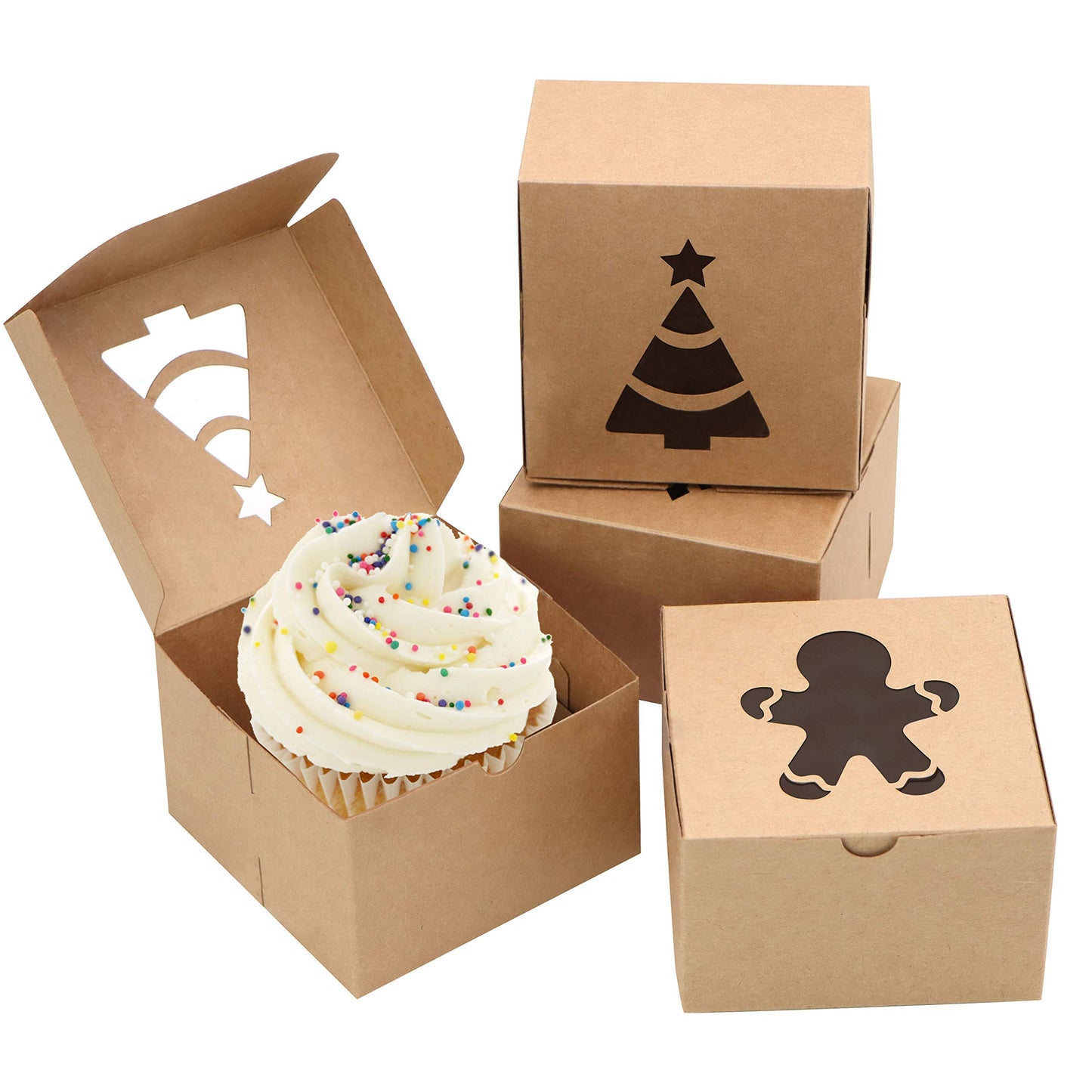 Joyfy 24 Pcs Brown Bakery Boxes with Window, 4"x 4"x 2.5" Small Kraft Cookie Boxes for Christmas Cupcakes, Cookies, Brownies, Donuts, Truffles Gift-Giving