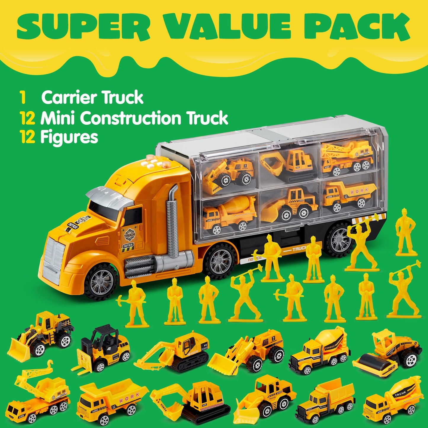 Syncfun 25 in 1 Die-cast Construction Play Vehicle Set, Vehicles with Sounds and Lights in Carrier Truck, Push and Go Car Toy, Kids Birthday Gifts for 3 4 5 6 Years Old Boys