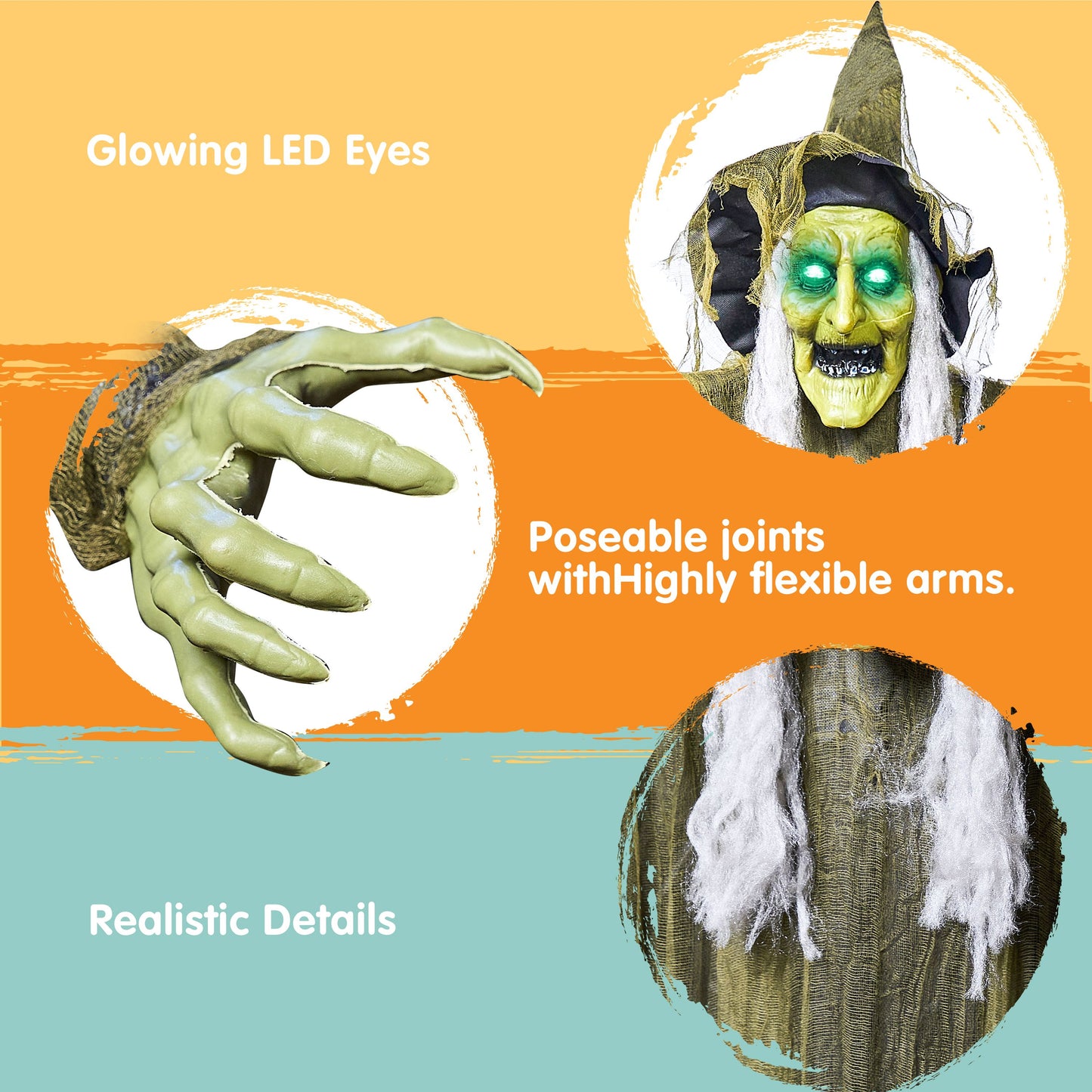 Syncfun 67 Inch Animated Halloween Witch Decoration,Outdoor Brown Ragged Robe Green Face Witch with Light and Sound Decoration for Halloween Outdoor Decor