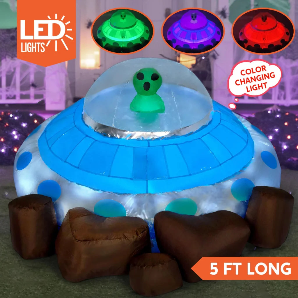 Syncfun 5 FT Halloween Inflatable Crashing UFO Alien Decoration with Built-in LEDs,UFO Halloween Decorations Outdoor Blow Up Yard Lawn Decoration