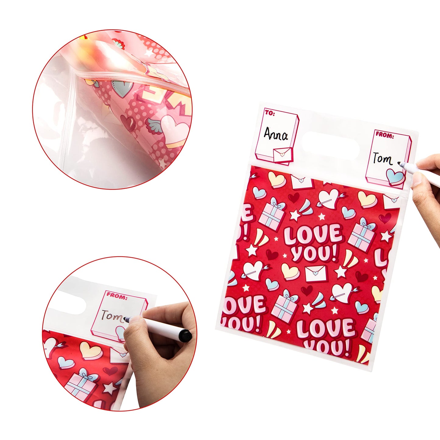 48 Pcs Valentine’s Day Sealing Gift Bag with Handles, Candy Bag with 6 Designs for Kids Party Favor, Classroom Exchange Prizes, Valentine’s Goodie Bags