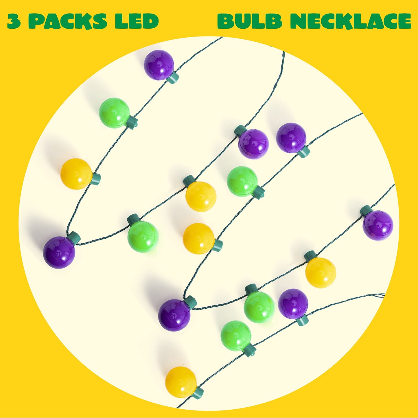 3 carnival LED light bulb necklaces, purple, green, gold LED luminous necklaces, 6 lighting modes