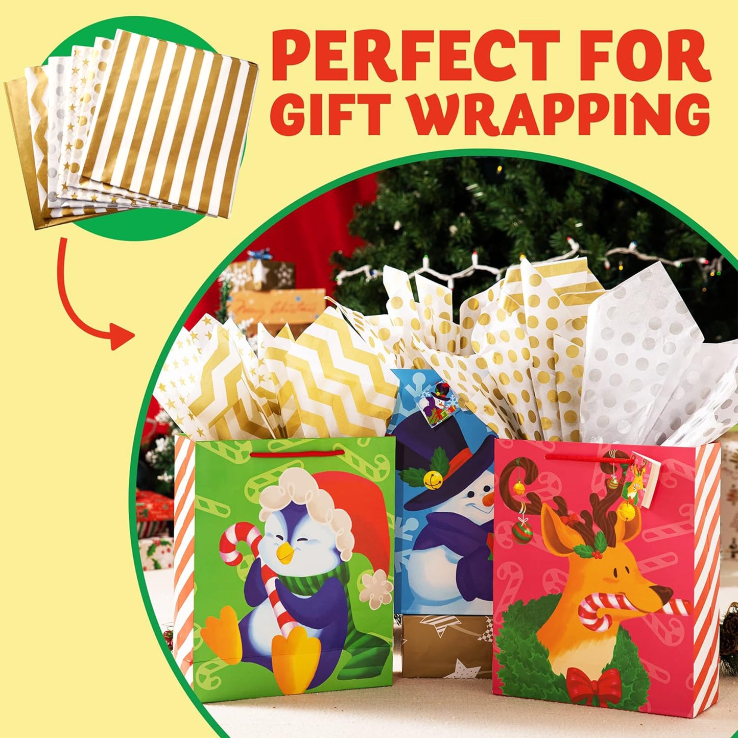SYNCFUN 150 Sheets Christmas Tissue Paper Assorted Metallic Silver and Gold (20" x 20") Holiday Gift Wrapping for Party Favors Goody Bags, Xmas Presents Wrapping Stocking Stuffers