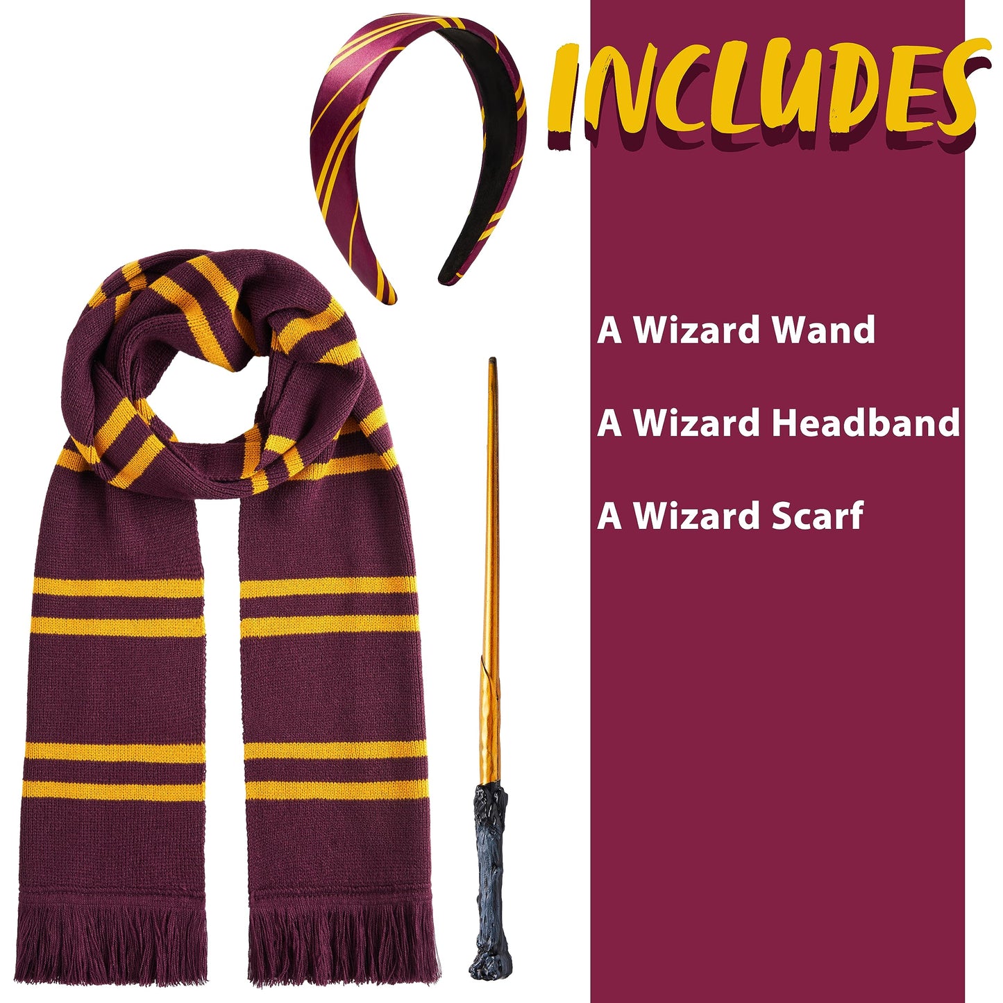 SYNCFUN 3 Pcs Halloween Wizard Costume Accessories Set with Tie Wand,and Headbands,Cosplay Accessories for Kids and Adults Dress Up