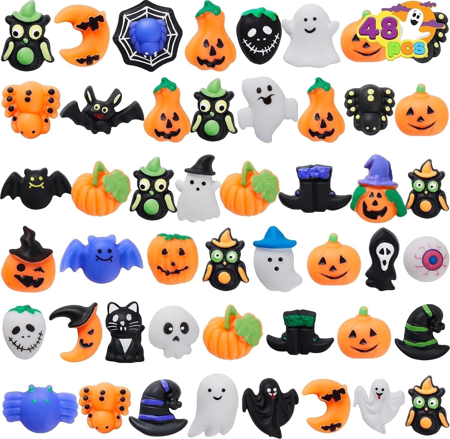 Joyfy 48 PCS Halloween Mochi Squishy toys, Stress Relief Toys, Halloween Party Favors for Kids, Trick or Treat, Classroom Exchange, Game Prizes
