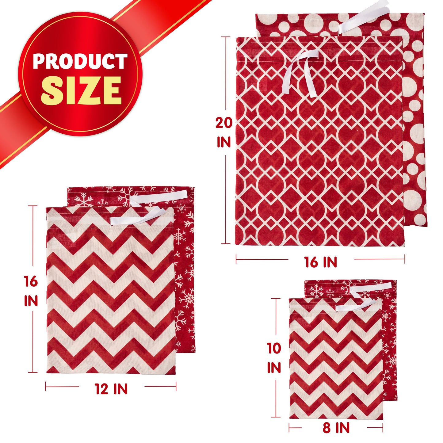 Joyfy Christmas Drawstring Gift Bags, 6Pcs Santa Sack Large Medium Small Sized Gift Wrapping Bag Set Xmas Party Supply Giant Gifts Decorations