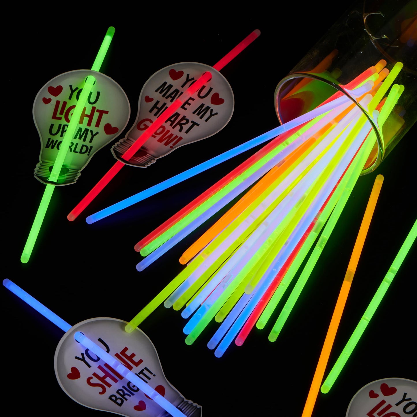 36 Packs Neon Valentines Day Gift Bulb Cards with Glow Sticks, Glow Necklaces for Valentine's Party Favor, Valentine Classroom Exchange Cards, Valentine School Prize