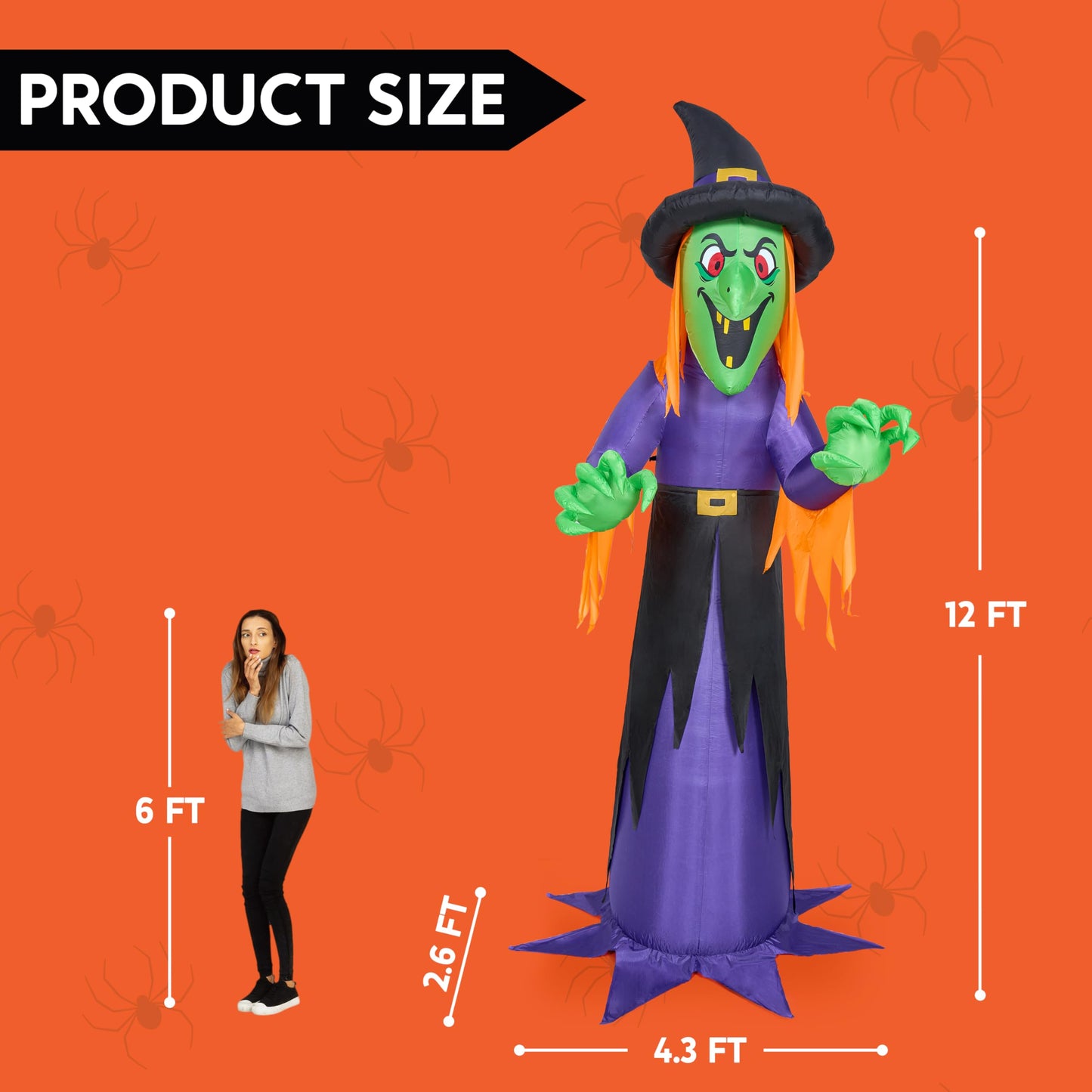 Syncfun 12 FT Halloween Inflatable Giant Witch Decoration with Built-in LEDs,Witch Halloween Decorations Outdoor Blow Up Yard Lawn Decoration