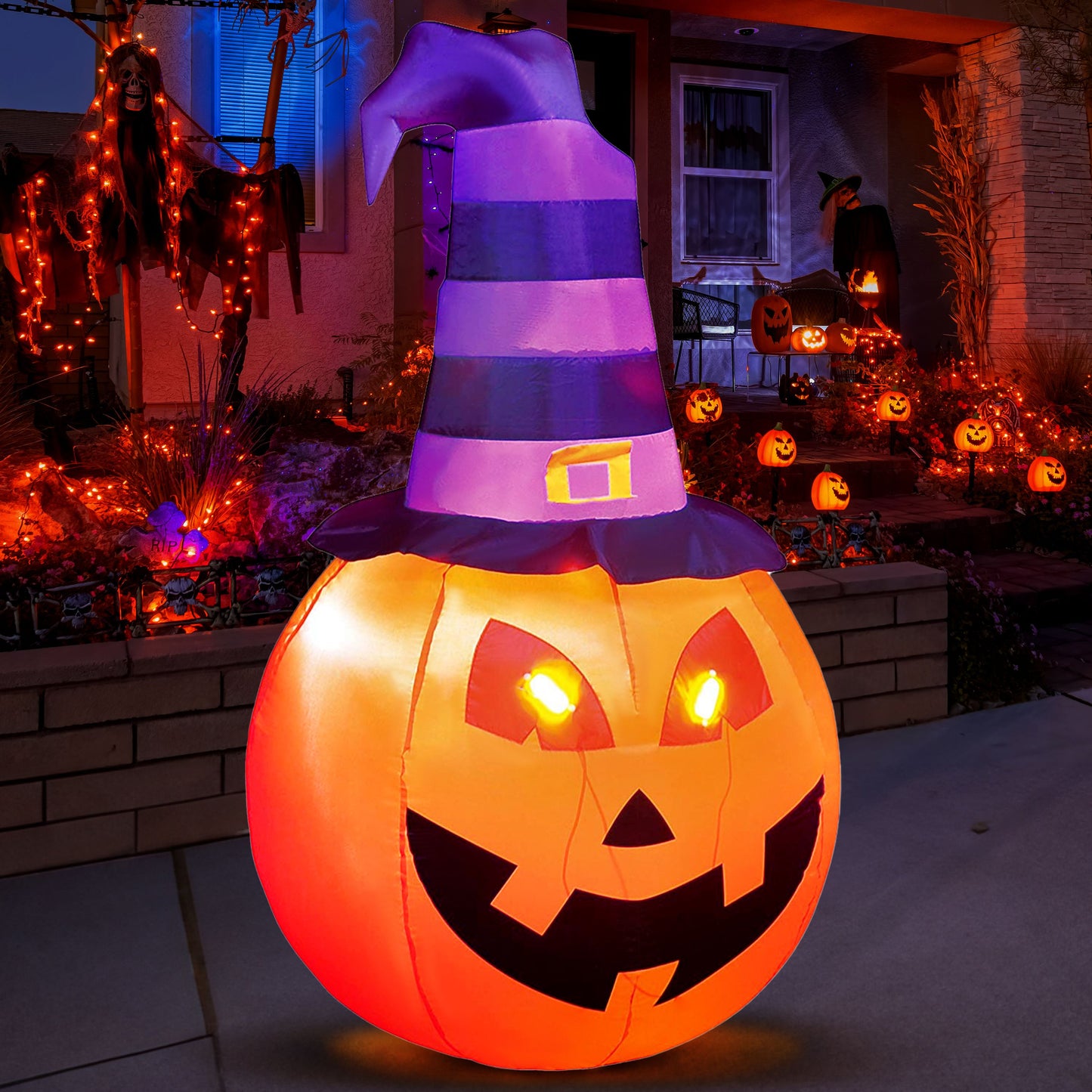 Syncfun 5 FT Halloween Inflatable Pumpkin with Witch Hat and Build-in LEDs,Blow up Halloween Decorations,Fall Inflatables Outdoor Decorations