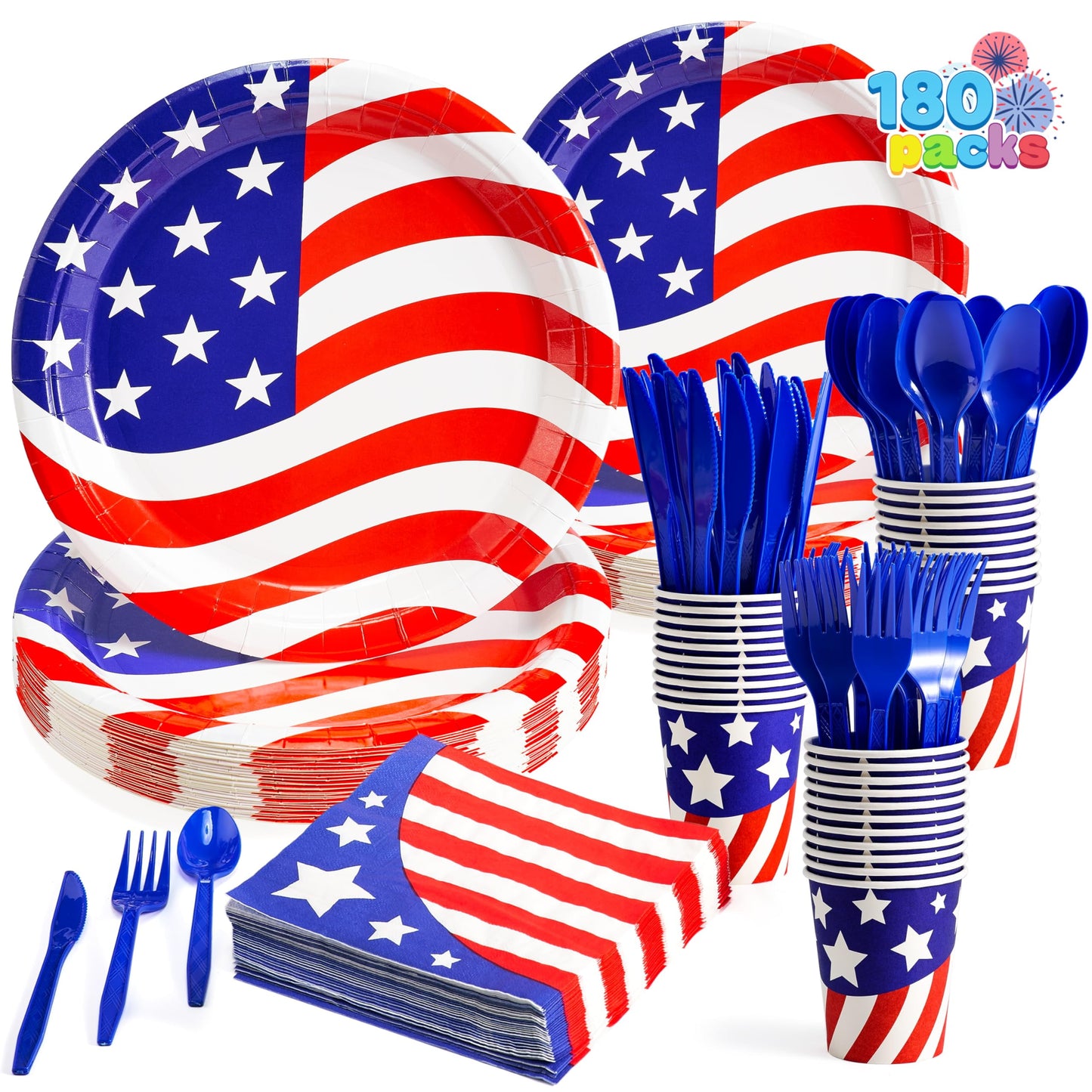 180 pieces of patriotic party utensils, 30 plates, 30 napkins, 30 paper cups, and 90 plastic containers for the July 4th celebration