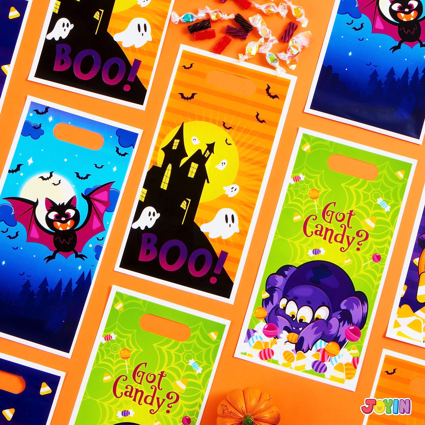 Joyfy 72 Pcs Halloween Treat Bags Goodie Bags Plastic Halloween Candy Bags Trick or Treat Creepy Designs Halloween Bags for Kids Trick or Treat,Classroom Goody Bags