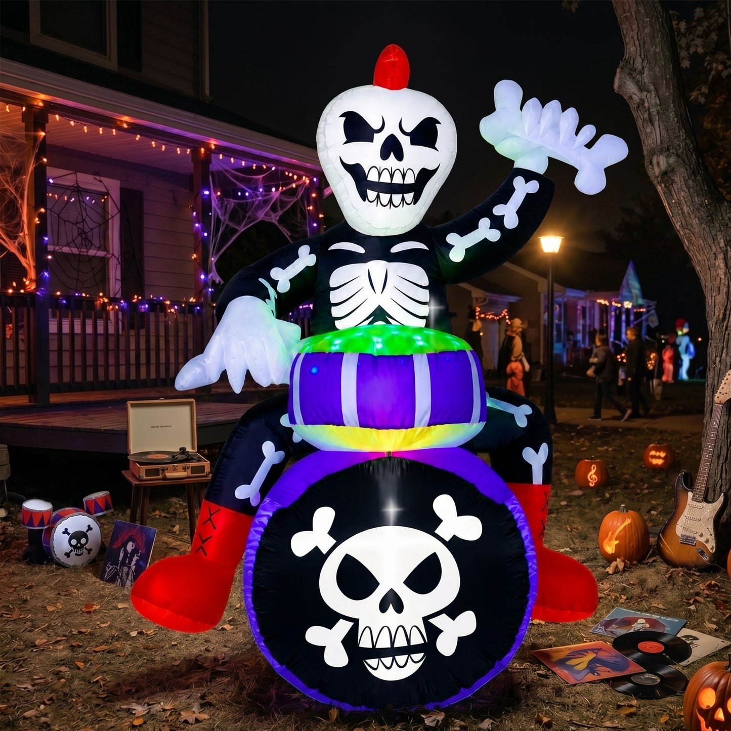 Joyfy 6 ft Halloween Inflatable Skeleton Playing Drums,Halloween Blow Up Decor with Built in Music & Bluetooth Speaker,Indoor & Outdoor Decoration for Yard,Lawn and Party