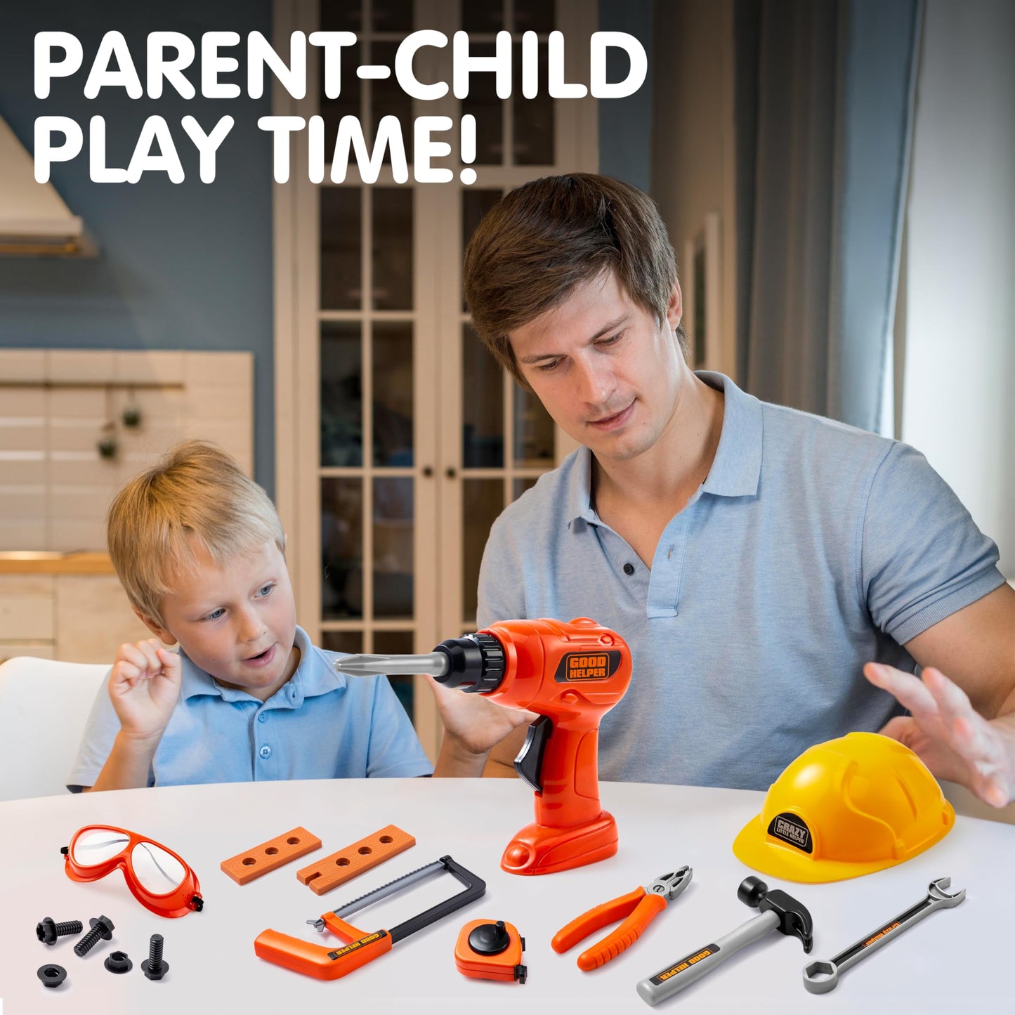 Workbenches with Construction Worker Hat Costume & Electronic Toy Drill, (19 Pieces)