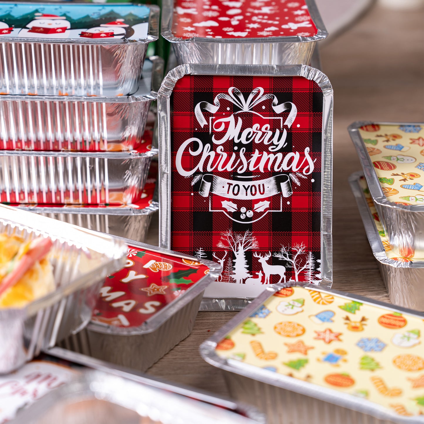 SYNCFUN 48 Pcs Christmas Foil Containers with Lid, Aluminum Foil Pans with Lids, 7"x5"x2" Disposable Foil Pans with Covers, Food Containers Great for Baking, Cooking, Heating, Storing, Prepping Food