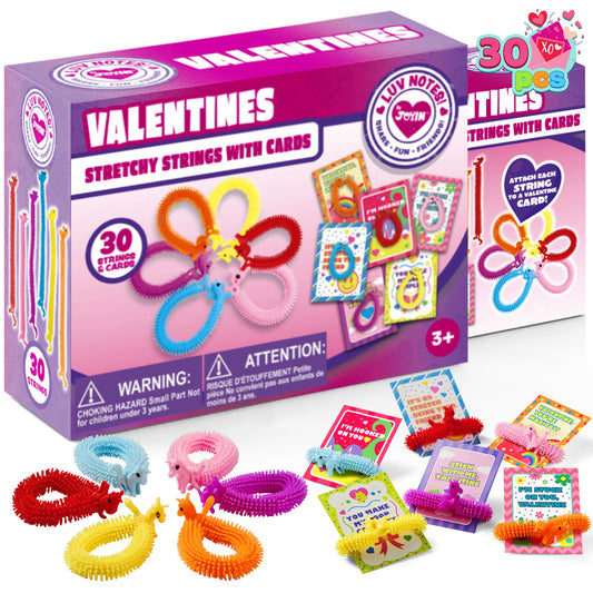 30 Pack Valentine's Day Gift Cards with Multi-color Stretchy String Toys Set, Unicorn Noodle Toys, Stress Relief Fidget Toys for Kids Valentine Party Favors, Classroom Gift Exchange, Game Prize