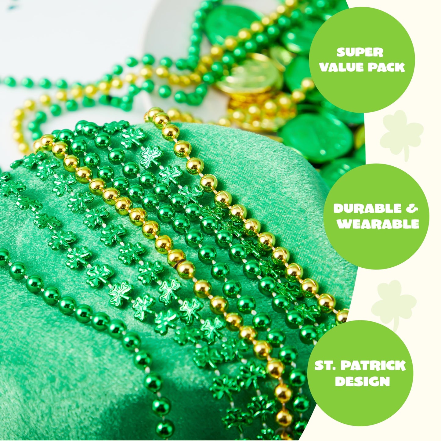 24 St. Patrick's Day necklace set, 8 green bead necklaces, 8 gold bead necklaces