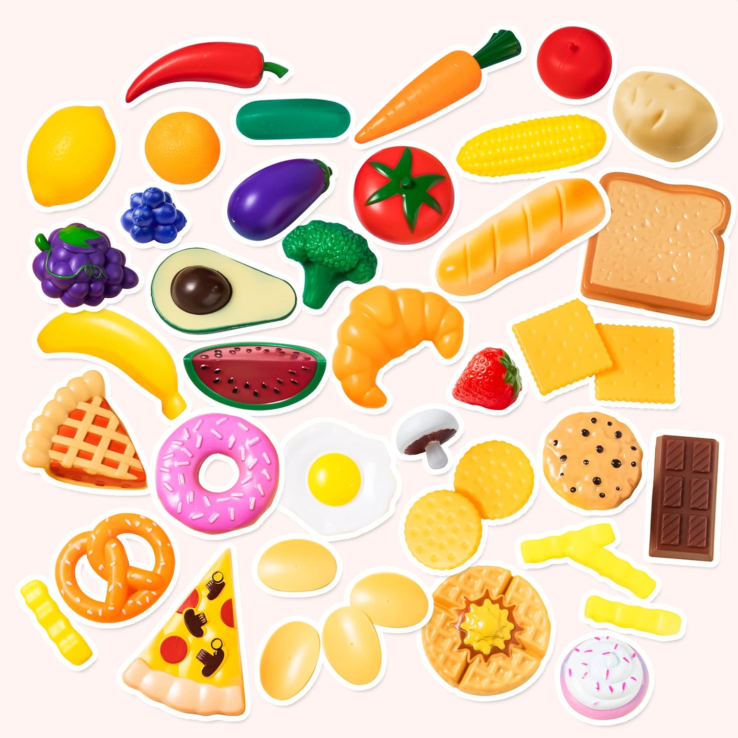 SYNCFUN 50 Pcs Kids Play Food Toys, Pretend Play Kitchen Playset with Fake Food for Kids Toddlers, Easter Birthday Gifts Party Supplies