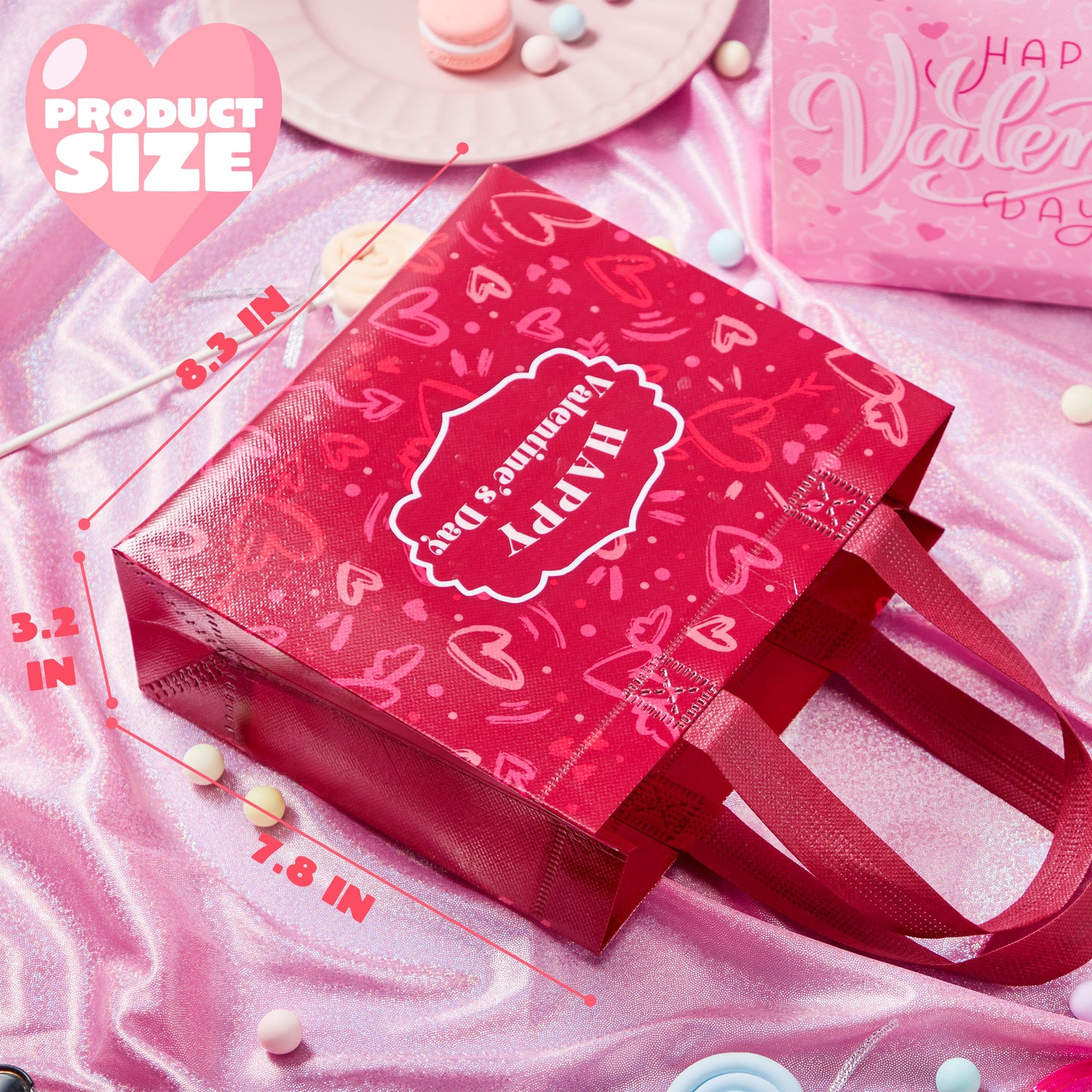 12 Pcs Valentine's Day Non-Woven Gift Bags with 6 Designs for Kids Party Favor, Classroom Exchange Prizes, Reusable Tote Bags For Present Wrapping