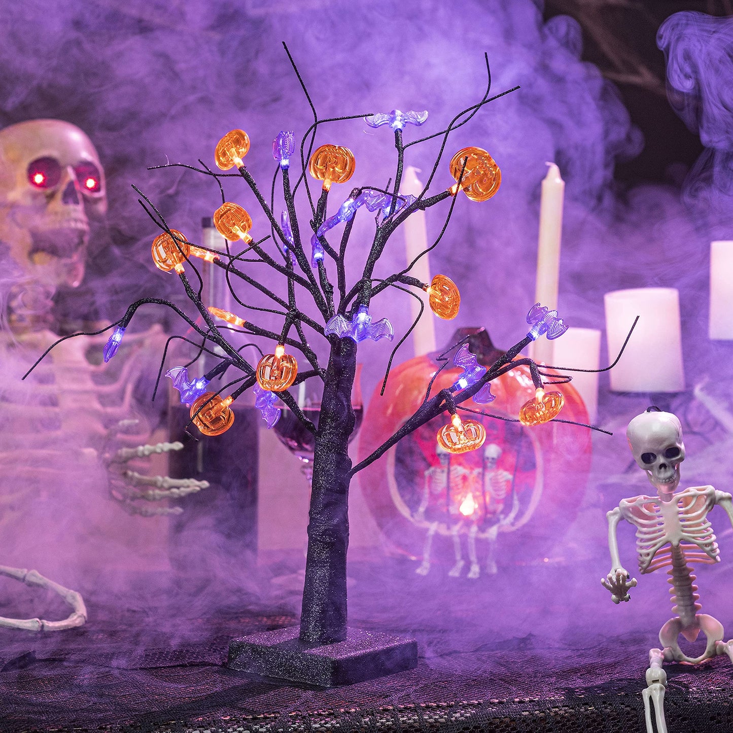 Joiedomi 1.5 FT Halloween Spooky Tree, Light Up Halloween Tree with 24 LED Orange Pumpkin and Purple Bat Lights, Prelit Black Tree for Halloween Tabletop Tree Decor Halloween Indoor Desktop Decoration
