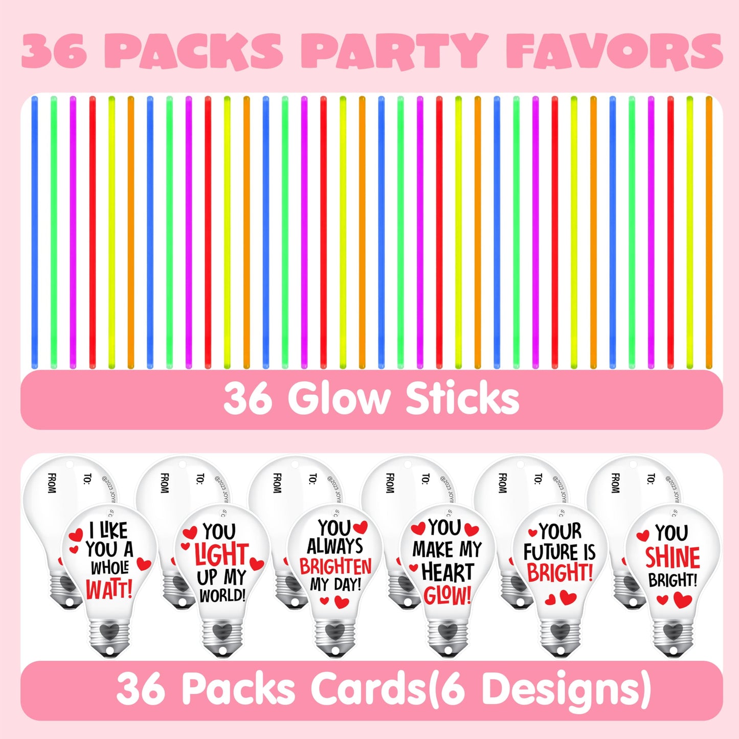 36 Packs Neon Valentines Day Gift Bulb Cards with Glow Sticks, Glow Necklaces for Valentine's Party Favor, Valentine Classroom Exchange Cards, Valentine School Prize