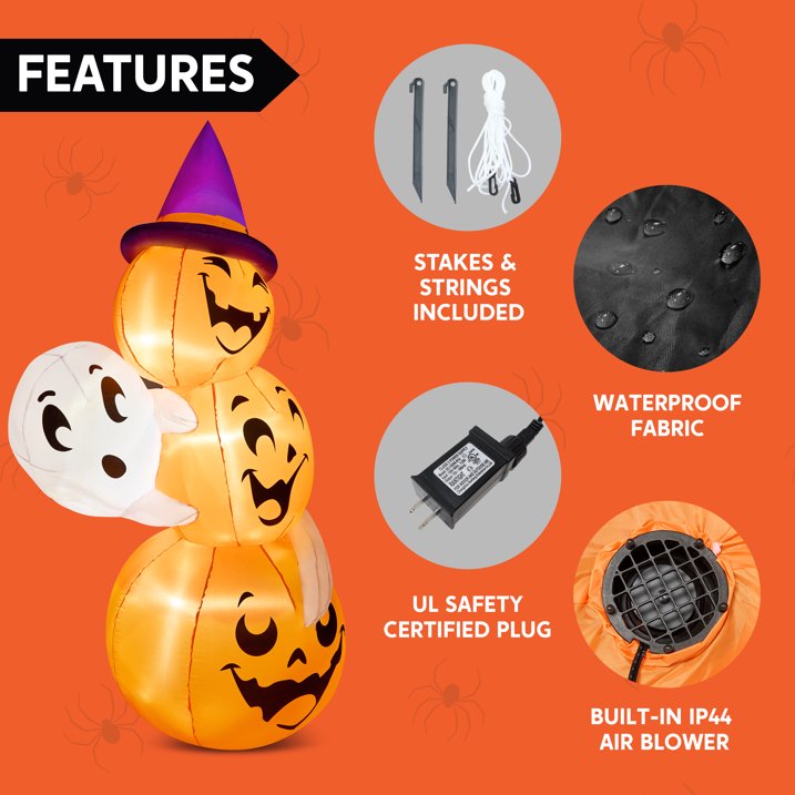 Syncfun 6 FT Halloween Inflatables Stacked Pumpkins and Ghost with Build-in LEDs for Porch,Halloween Pumpkin Decor Blow up Yard Decorations