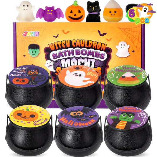 Joyfy 6 Pack Halloween Bath Bombs,Halloween Witch Cauldron with Mochi Squishy Toy for Kids Girls Boys Halloween Toys Halloween Treat Bags Gifts,Halloween Party Favor