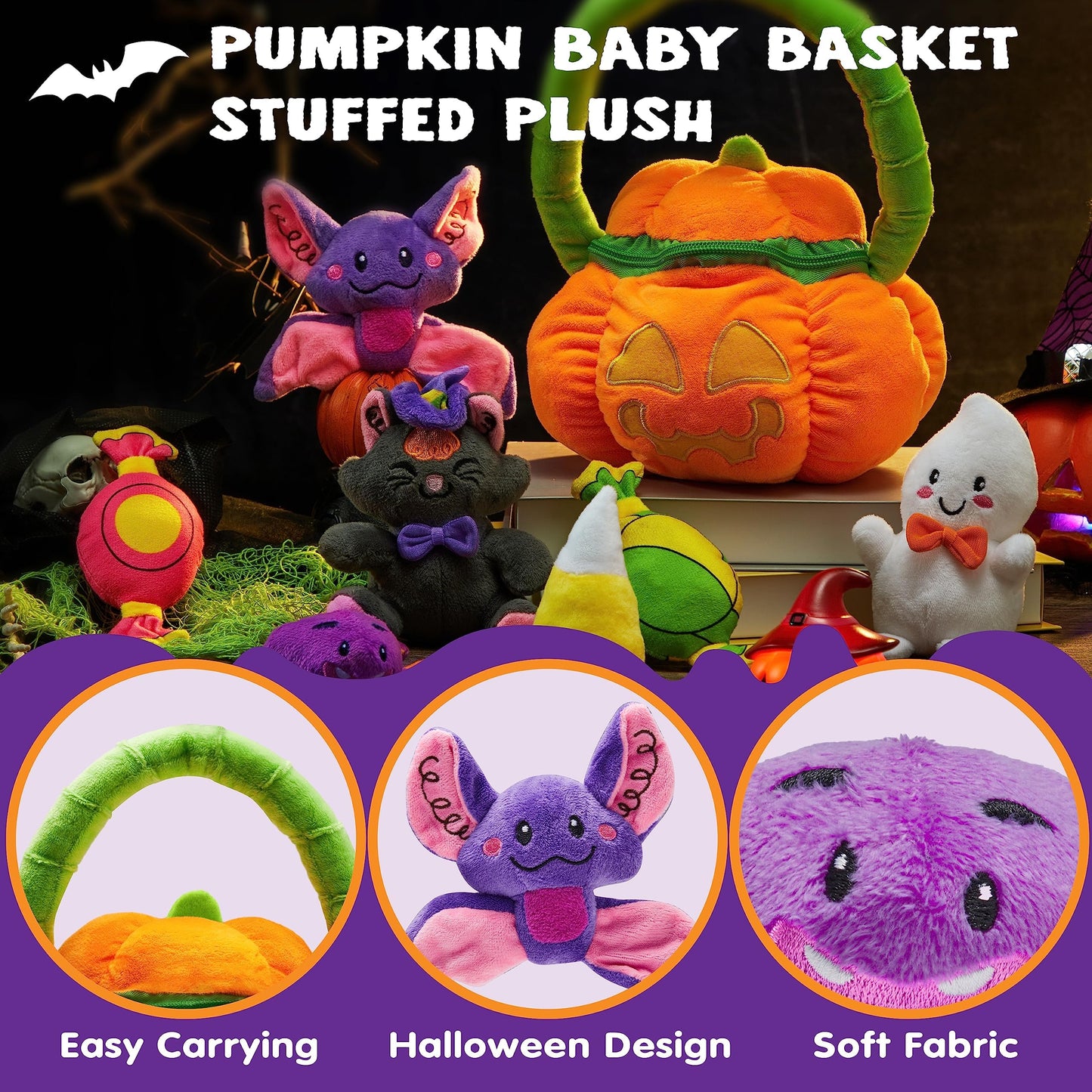 Joyfy 8 Pcs Halloween Basket with Stuffed Plush,Halloween Gift Basket Stuffers for Baby Kids Toddler,Halloween Toys,Halloween Pumpkin Decorations