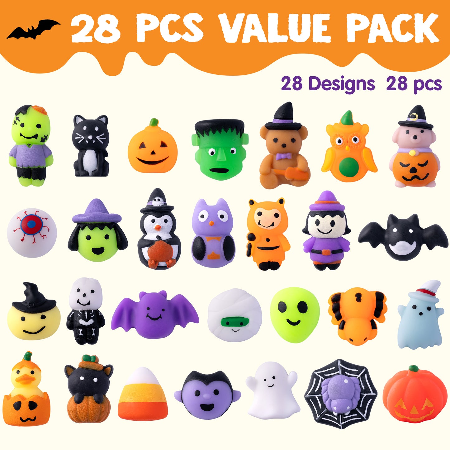 Syncfun 28 Pcs Halloween Mochi Squishy Toys,Squishy Toys for Kids,Halloween Classroom Favors Prizes Party Favors,Claw Machine Filler for Kids,Stress Relief Toys