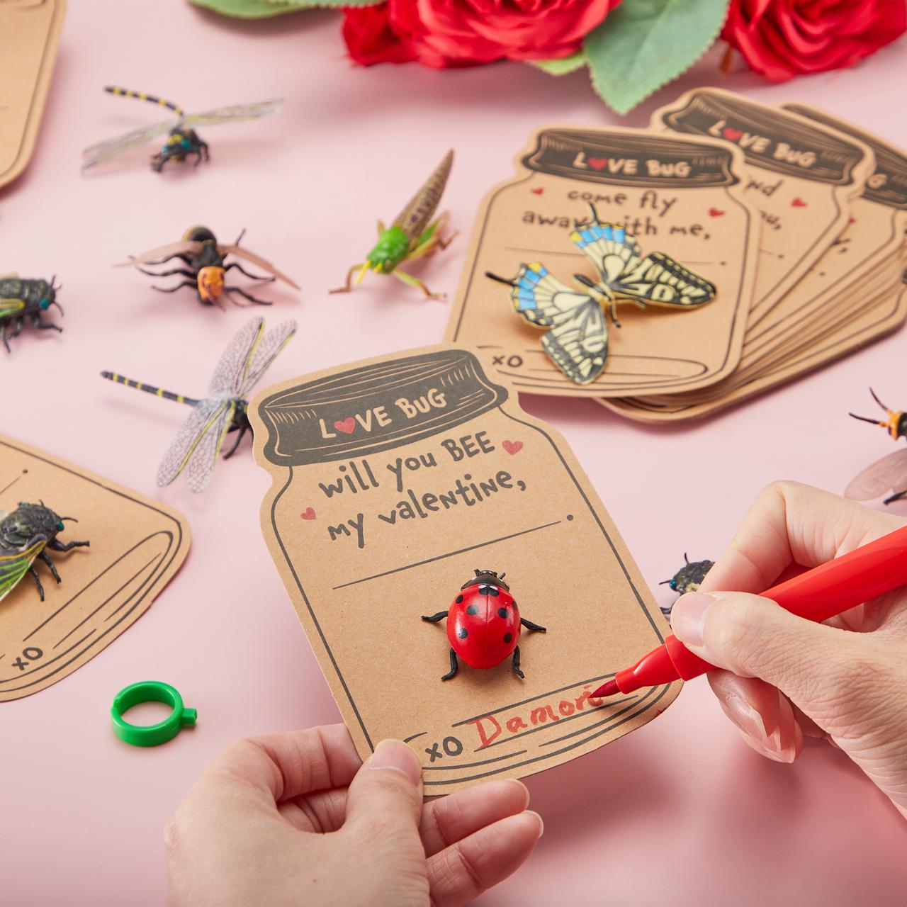 30 Pcs Valentines Day Gift Cards Realistic Bug Toy Set for Kids Valentine's Classroom Exchange Party Favor Toys, Valentine Gift Exchange