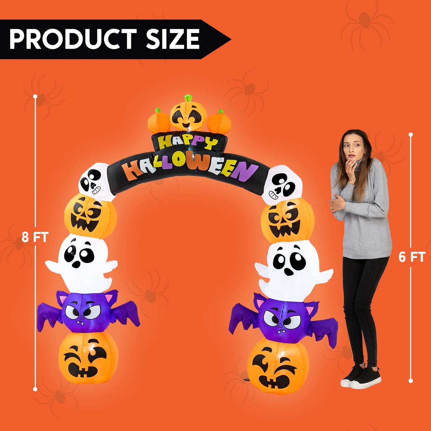 Syncfun 8 FT Halloween Inflatable Stacked Pumpkins Halloween Archway Bat Decorations Inflatable with Build-in LEDs,Halloween Blow Up Yard Decorations
