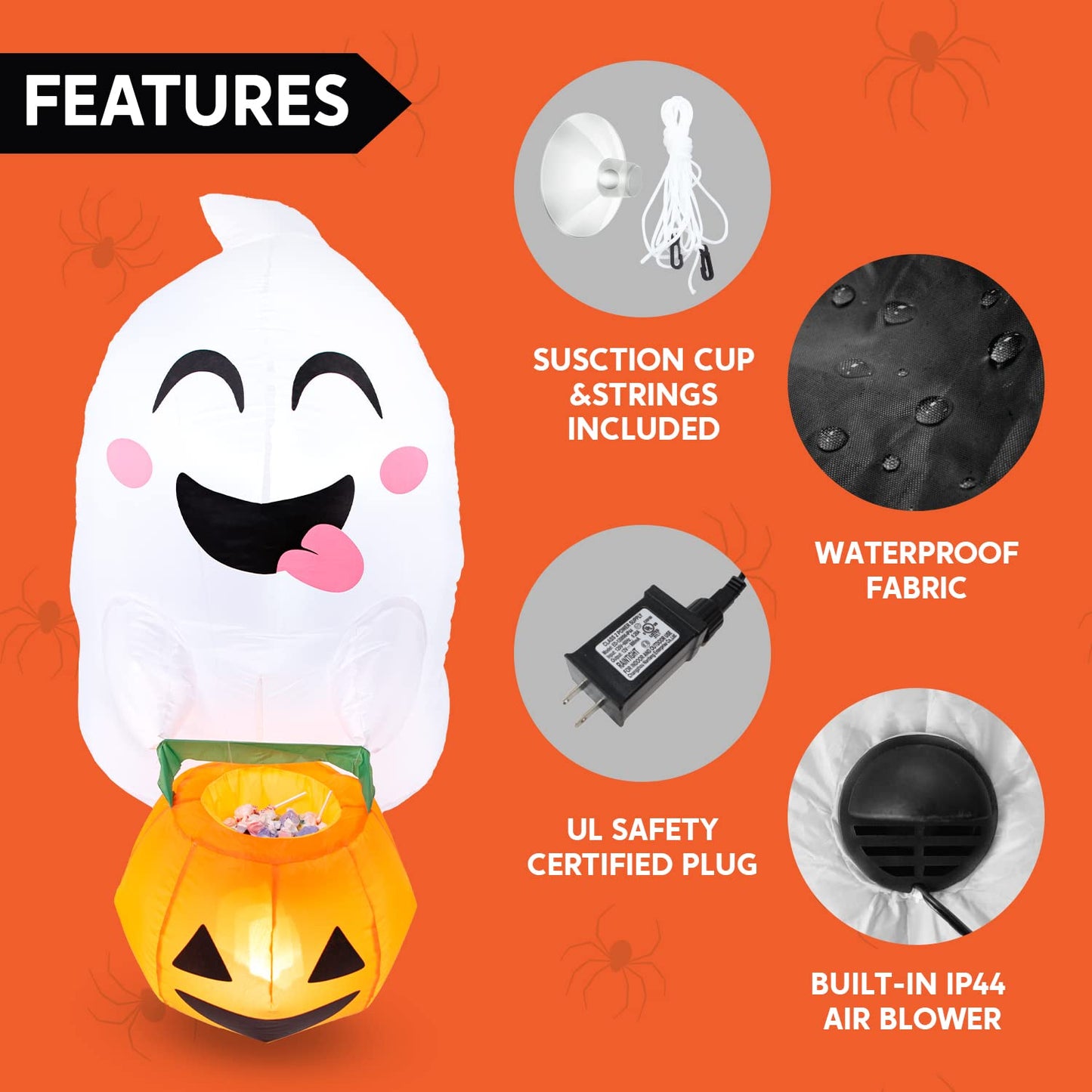SYNCFUN 4.5 FT Halloween Inflatable Outdoor Cute Flying Ghost with Pumpkin Candy Basket Broke Out from Window with Built-in LED Blow Up Inflatable for Window Decoration Yard
