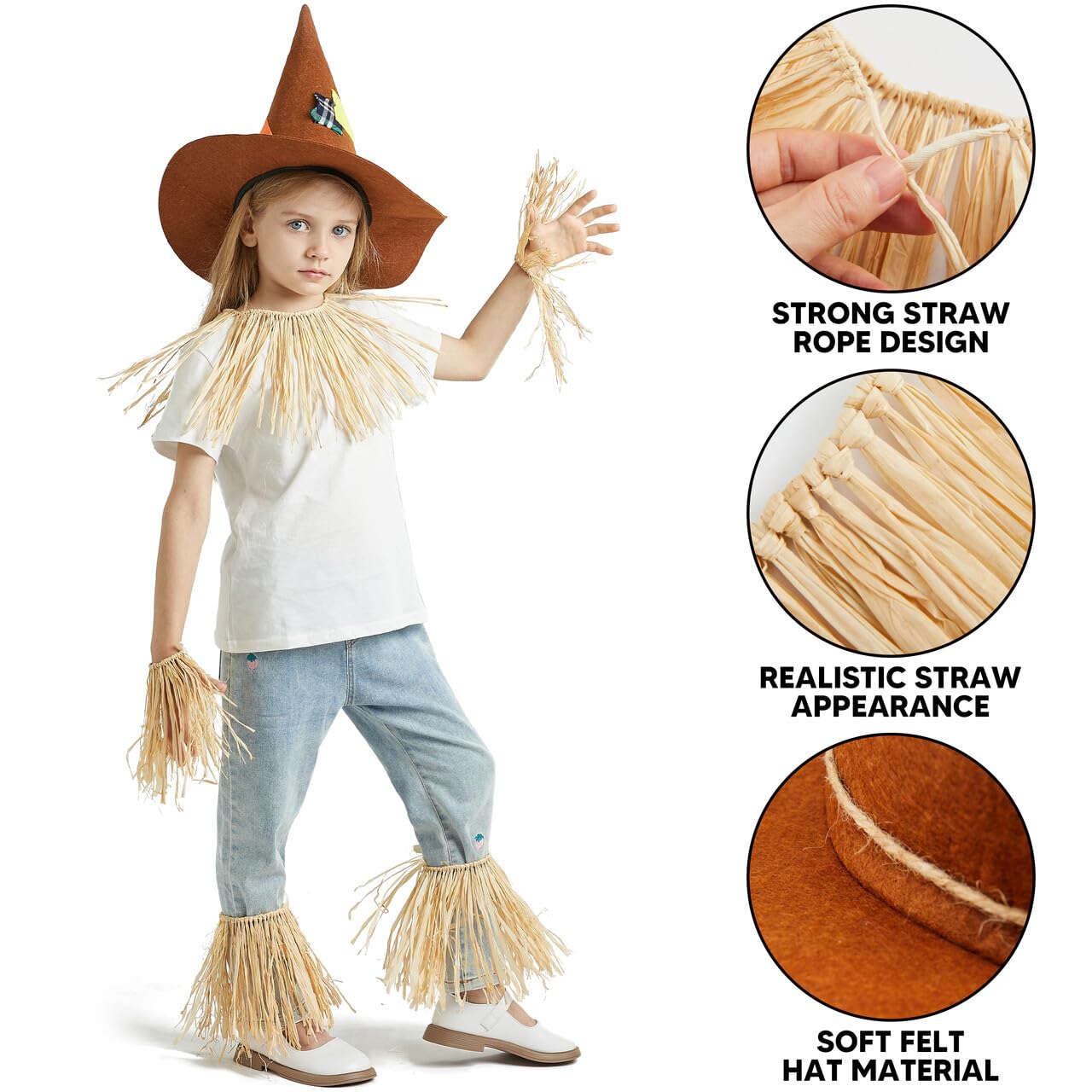 Joyfy 6 Pcs Halloween Scarecrow Costume Set,Scarecrow Costume Accessories Decoration with Scarecrow Hat and Scarecrow Skirt Raffia Neck Foot Hand Straws for Party Accessory Halloween Decoration
