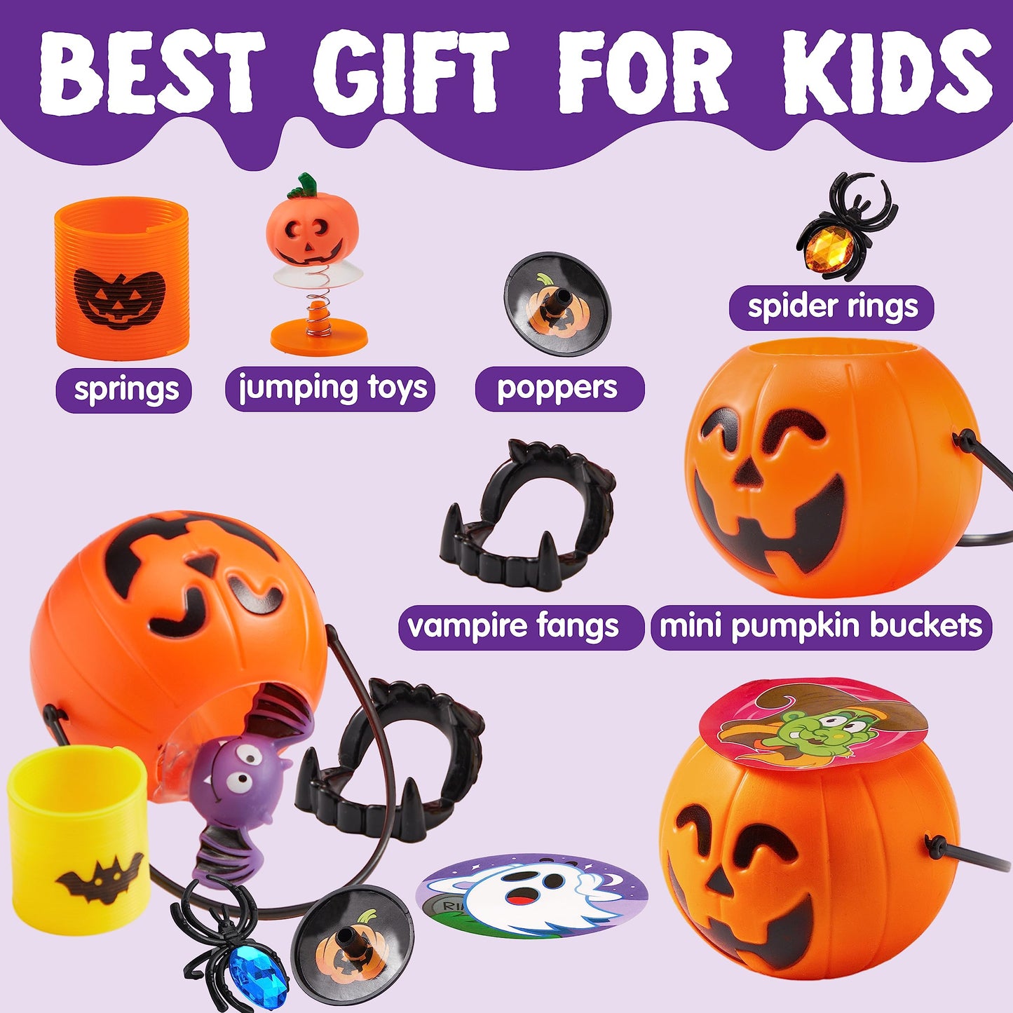 Joyfy 144 Pcs Halloween Toys Party Favors for Kids,Halloween Goodies Including Pumpkin Buckets,Spider Rings,Poppers,Spring,Vampire Teeth and Spinning Tops